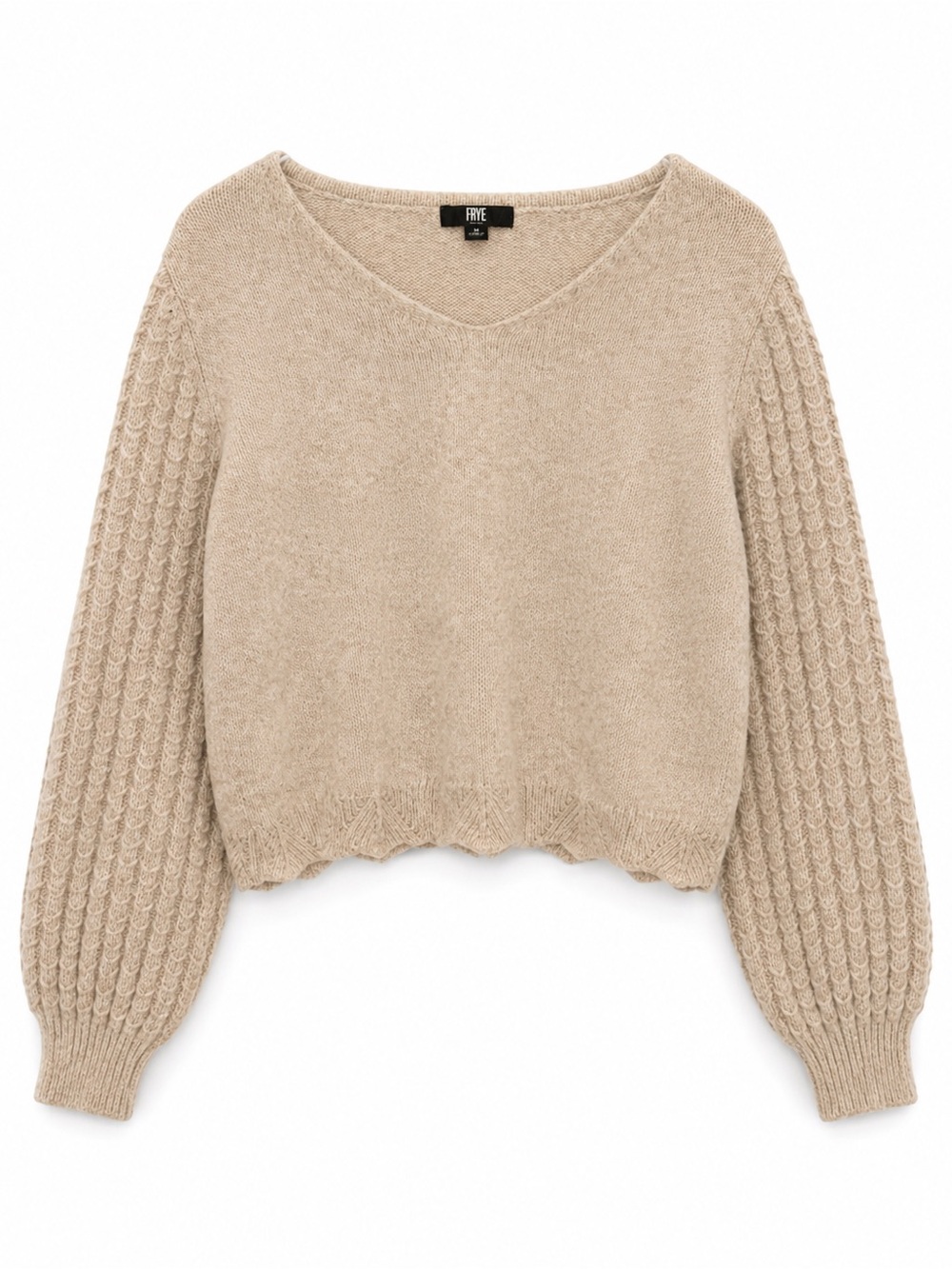 Frye Women’s Beige Cable Knit V Neck Balloon Long Sleeve Sweater